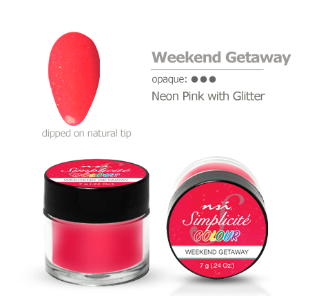 Dip nails manicure powder color swatch Weekend getaway neon pink with glitter