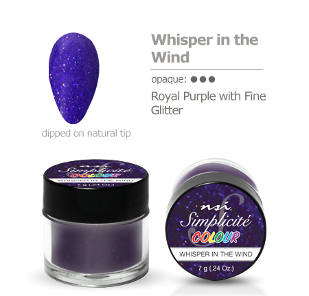 Dip nails manicure powder color swatch Whisper in the wind royal purple with fine glitter