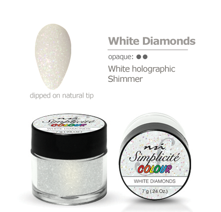 Dip nails manicure powder color swatch White diamonds holographic shimmer